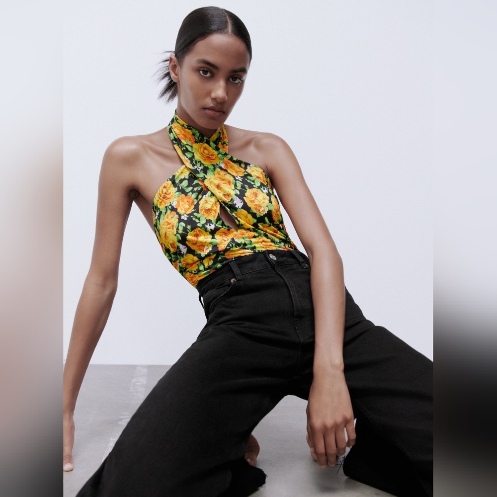🌞NWOT Zara Twist Cross Neck floral halter Top bodysuit size S/M 0264/455/056 - Picture 8 of 14